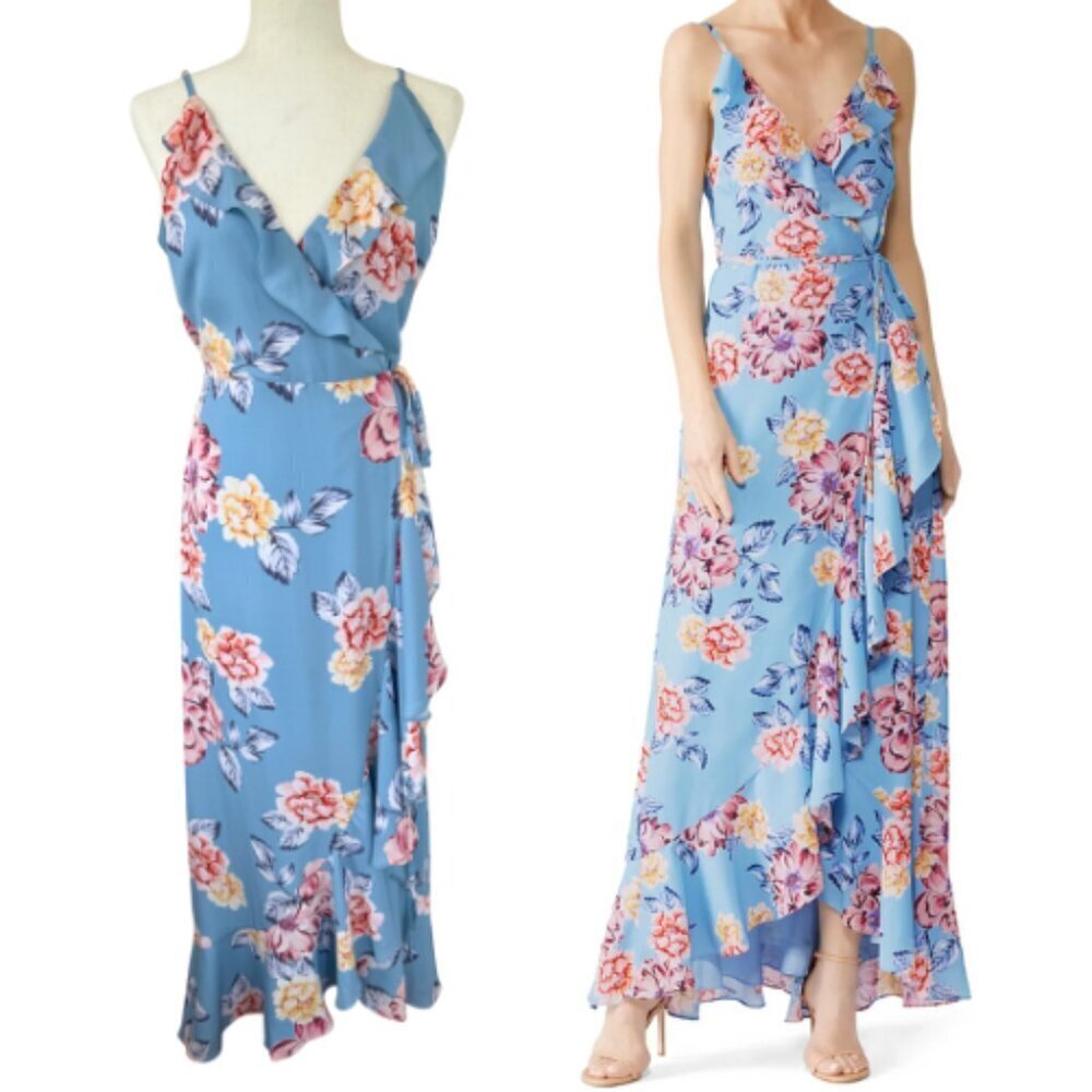 YUMI KIM Blue Floral Meadow Valley Wrap Maxi Dress Size M